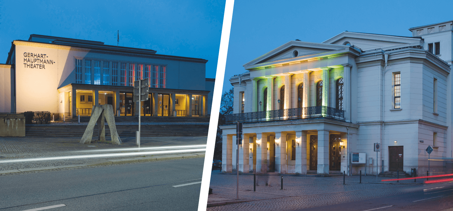 Die Außenansicht des Gerhart Hauptmann-Theater Görlitz-Zittau mit beiden Standorten.