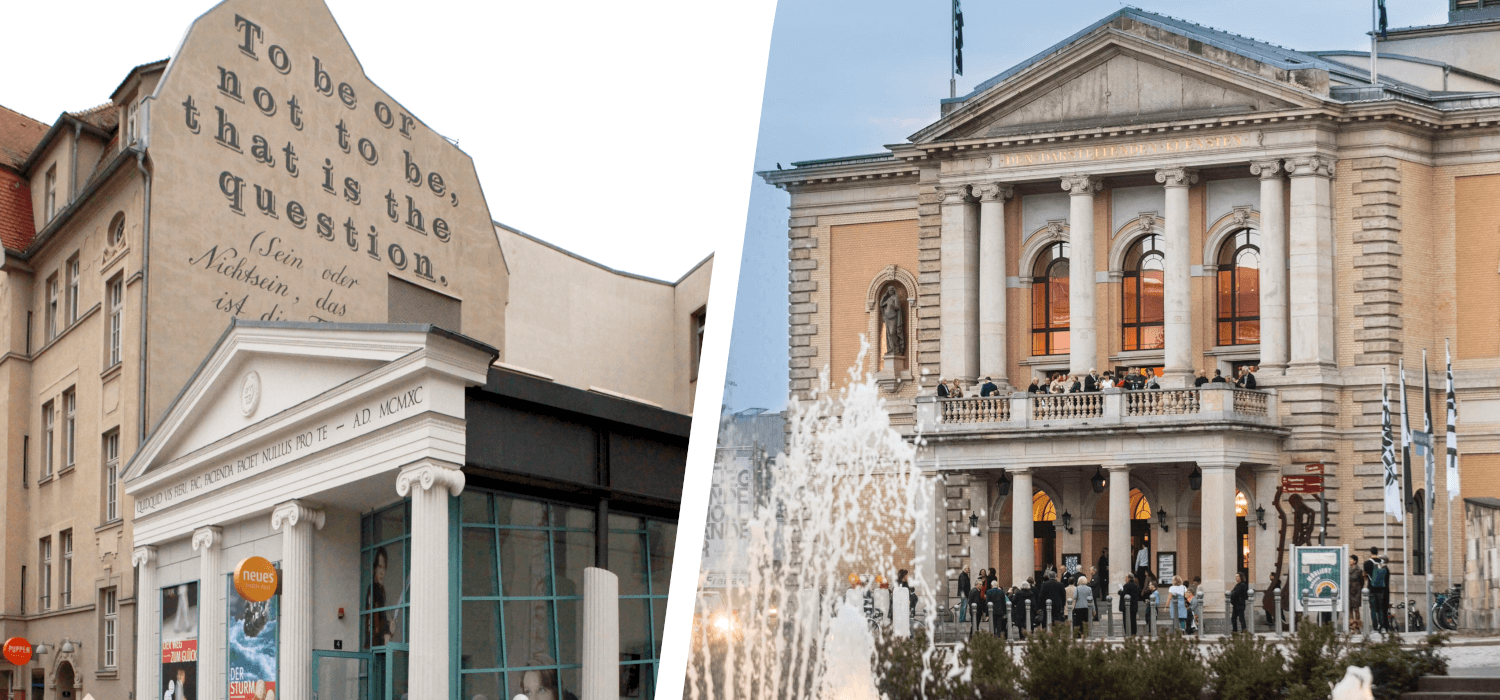 Zu sehen ist die Außenansicht des neuen theaters und Opernhauses als Teil der Bühnen Halle.